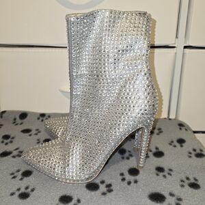 Steve Madden Silver Crystal-Studded Pointed Toe Stiletto Ankle Boots